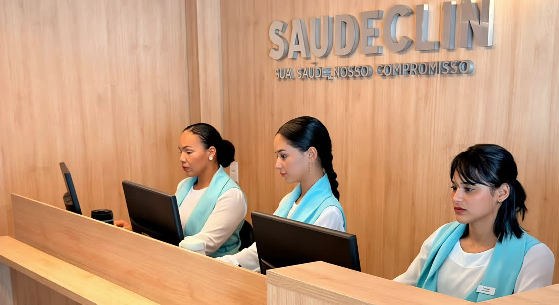 Recepção da SAUDECLIN, com a equipe de atendimento
